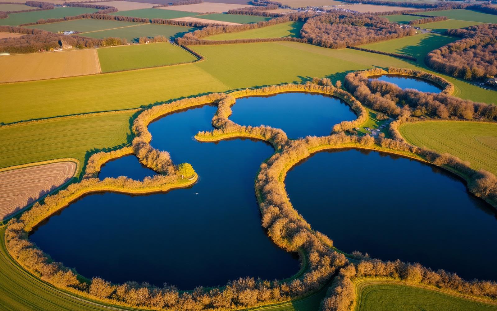 Aerial view of the Cotswold Water Park's interconnected lakes