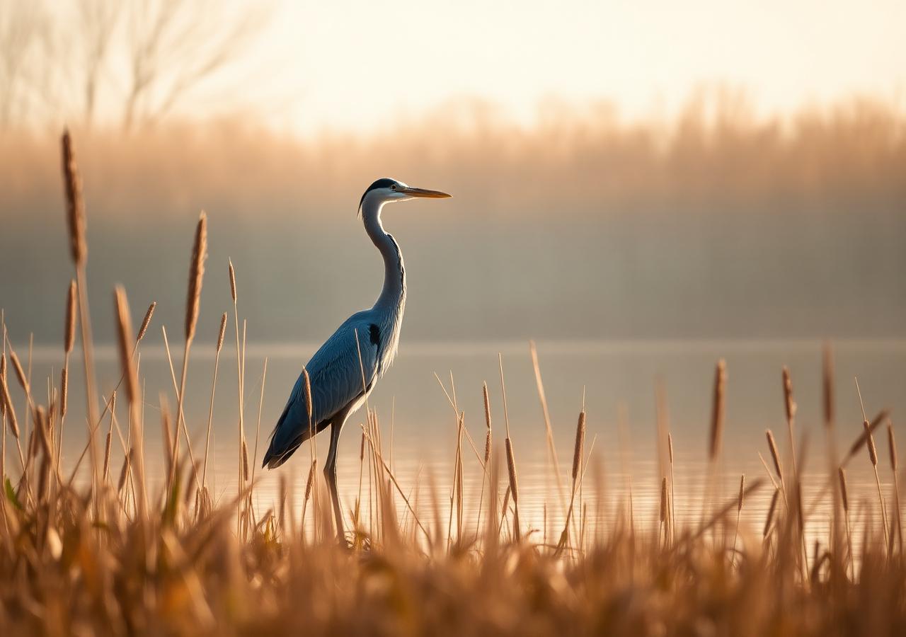 A grey heron standing among reeds at a Cotswold lake