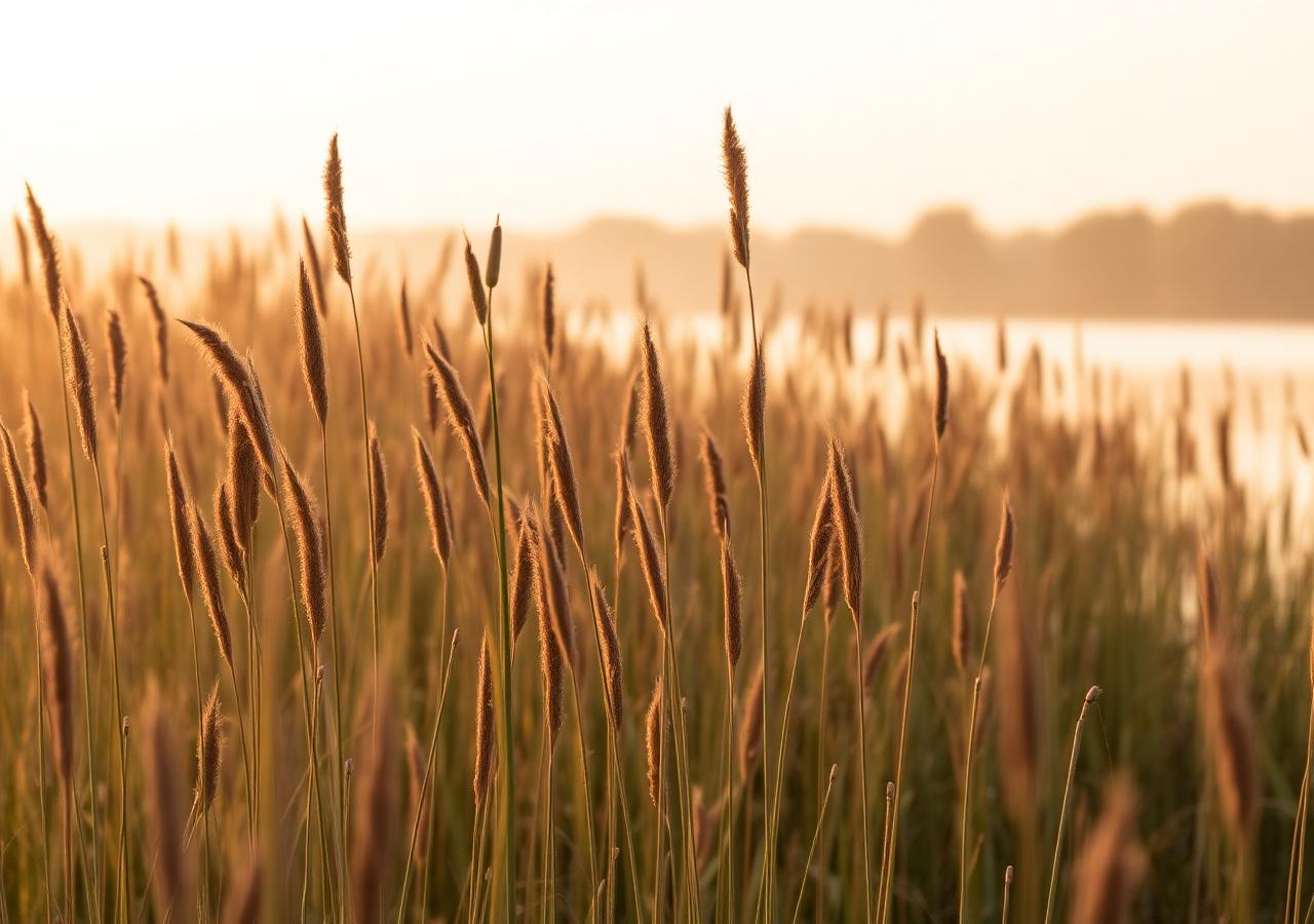 Golden reedbeds beside a Cotswold lake at dawn